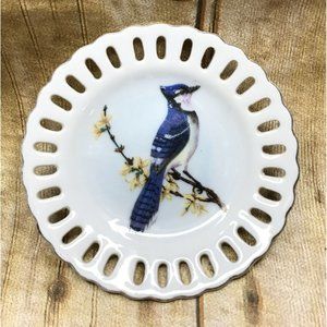 Vintage Collector's Plate Blue Bird Gold Trim Lace Edge Floral 4"